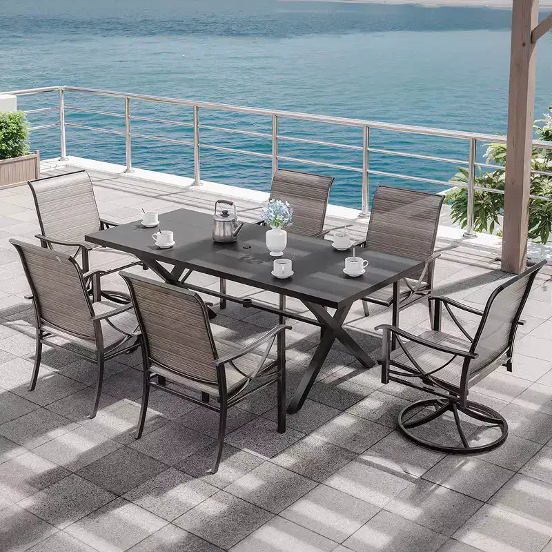 Ensemble de salle à manger d'extérieur ALAULM pour patio, avec table rectangulaire en acier en X, trou pour parasol et chaises fixes à accoudoirs ou chaises pivotantes à bascule pour fêtes de famille, pelouse, balcon, terrasse