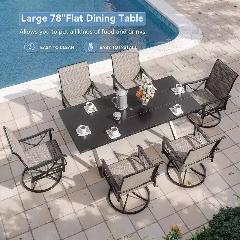 Ensemble de salle à manger d'extérieur ALAULM pour patio, avec table rectangulaire en acier en X, trou pour parasol et chaises fixes à accoudoirs ou chaises pivotantes à bascule pour fêtes de famille, pelouse, balcon, terrasse