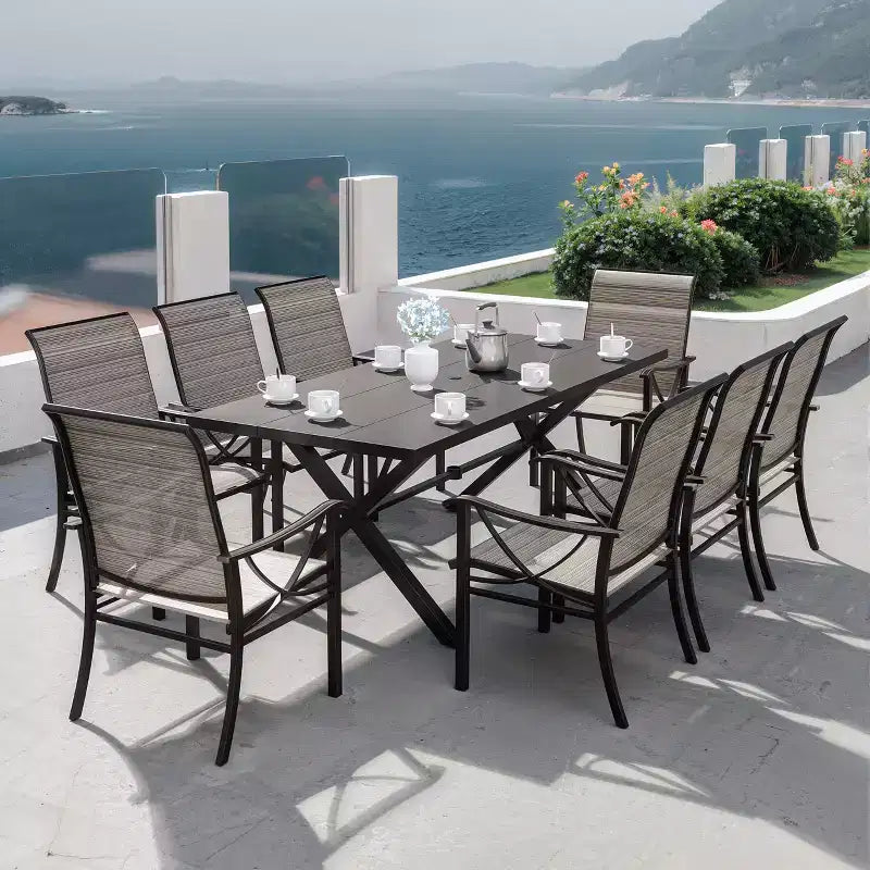 Ensemble de salle à manger d'extérieur ALAULM pour patio, avec table rectangulaire en acier en X, trou pour parasol et chaises fixes à accoudoirs ou chaises pivotantes à bascule pour fêtes de famille, pelouse, balcon, terrasse