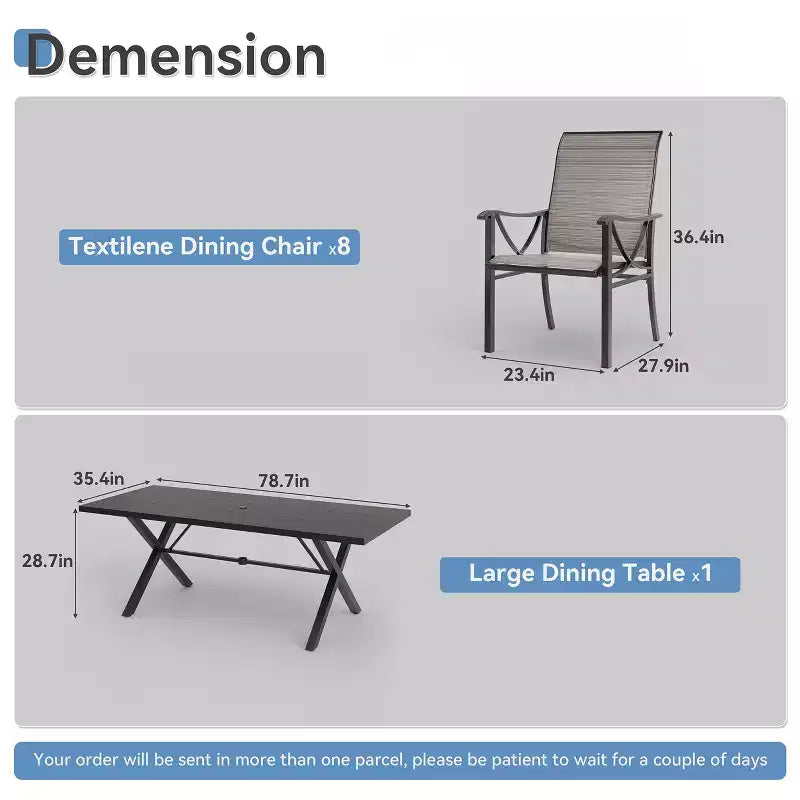 Ensemble de salle à manger d'extérieur ALAULM pour patio, avec table rectangulaire en acier en X, trou pour parasol et chaises fixes à accoudoirs ou chaises pivotantes à bascule pour fêtes de famille, pelouse, balcon, terrasse