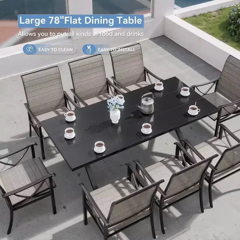 Ensemble de salle à manger d'extérieur ALAULM pour patio, avec table rectangulaire en acier en X, trou pour parasol et chaises fixes à accoudoirs ou chaises pivotantes à bascule pour fêtes de famille, pelouse, balcon, terrasse