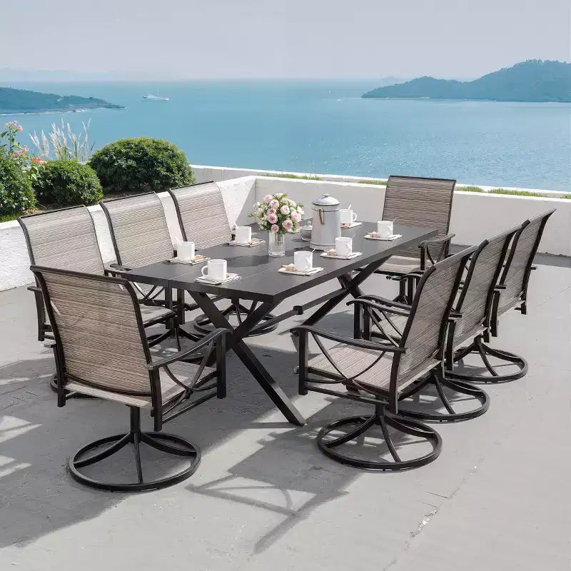 Ensemble de salle à manger d'extérieur ALAULM pour patio, avec table rectangulaire en acier en X, trou pour parasol et chaises fixes à accoudoirs ou chaises pivotantes à bascule pour fêtes de famille, pelouse, balcon, terrasse