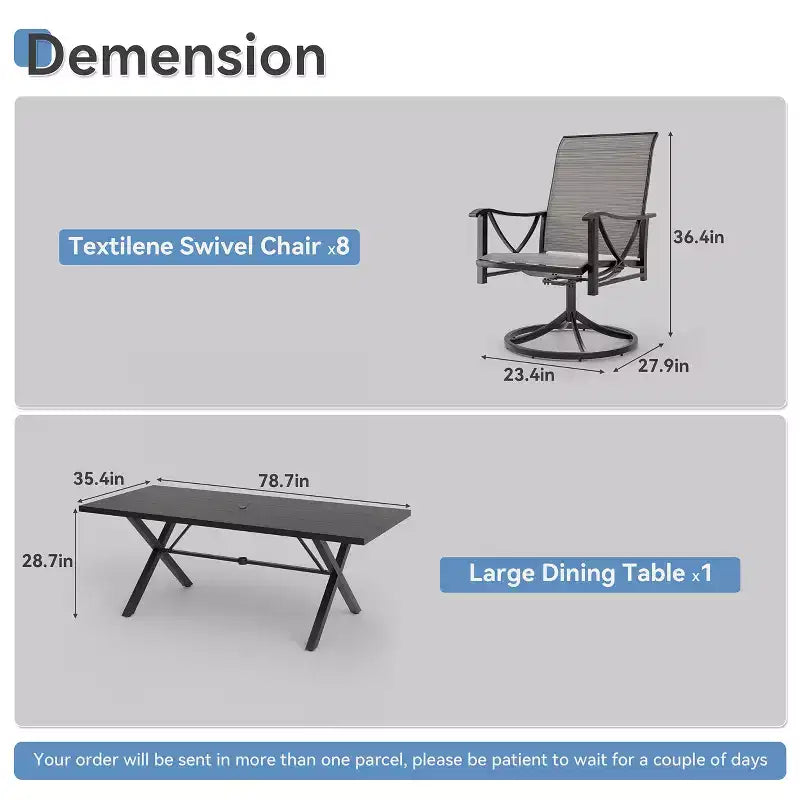 Ensemble de salle à manger d'extérieur ALAULM pour patio, avec table rectangulaire en acier en X, trou pour parasol et chaises fixes à accoudoirs ou chaises pivotantes à bascule pour fêtes de famille, pelouse, balcon, terrasse