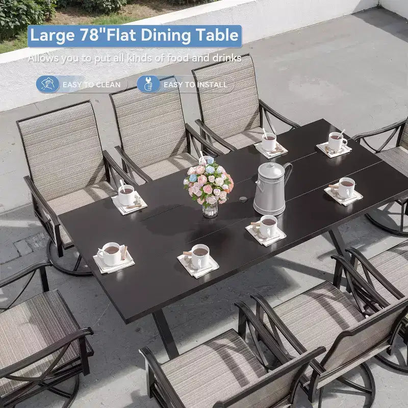 Ensemble de salle à manger d'extérieur ALAULM pour patio, avec table rectangulaire en acier en X, trou pour parasol et chaises fixes à accoudoirs ou chaises pivotantes à bascule pour fêtes de famille, pelouse, balcon, terrasse
