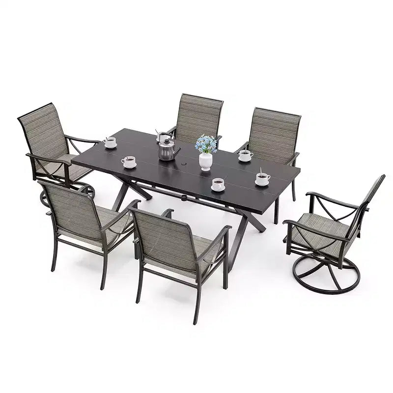 ALAULM Patio Outdoor Dining Set w/Rectangle Steel X-table w/umbrella Hole&Fixed Arm or Swivel Rocking Chairs for Family Party, Lawn,Balcony,Terrace