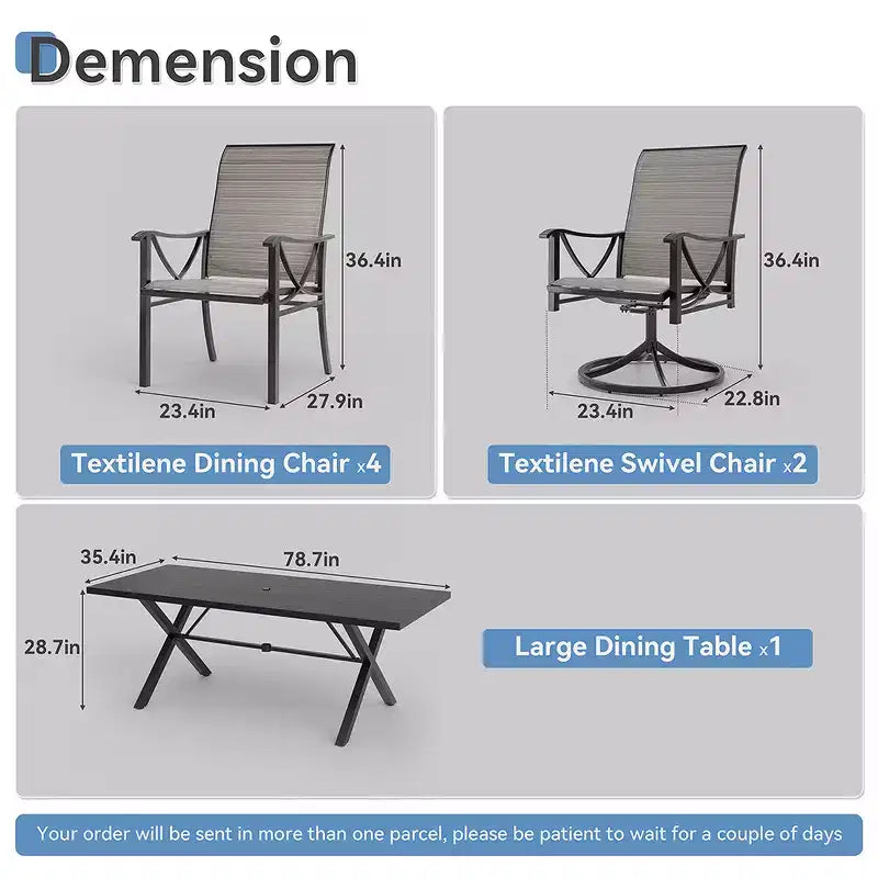 Ensemble de salle à manger d'extérieur ALAULM pour patio, avec table rectangulaire en acier en X, trou pour parasol et chaises fixes à accoudoirs ou chaises pivotantes à bascule pour fêtes de famille, pelouse, balcon, terrasse