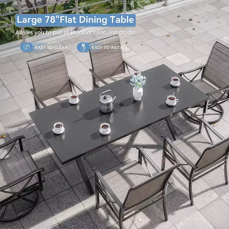 Ensemble de salle à manger d'extérieur ALAULM pour patio, avec table rectangulaire en acier en X, trou pour parasol et chaises fixes à accoudoirs ou chaises pivotantes à bascule pour fêtes de famille, pelouse, balcon, terrasse