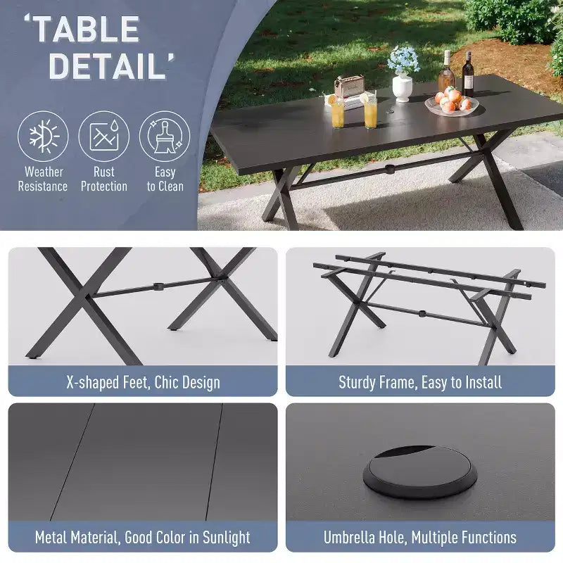 Ensemble de salle à manger d'extérieur ALAULM pour patio, avec table rectangulaire en acier en X, trou pour parasol et chaises fixes à accoudoirs ou chaises pivotantes à bascule pour fêtes de famille, pelouse, balcon, terrasse