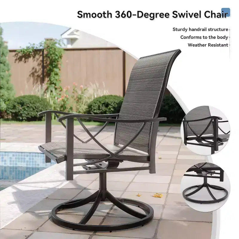 Ensemble de salle à manger d'extérieur ALAULM pour patio, avec table rectangulaire en acier en X, trou pour parasol et chaises fixes à accoudoirs ou chaises pivotantes à bascule pour fêtes de famille, pelouse, balcon, terrasse