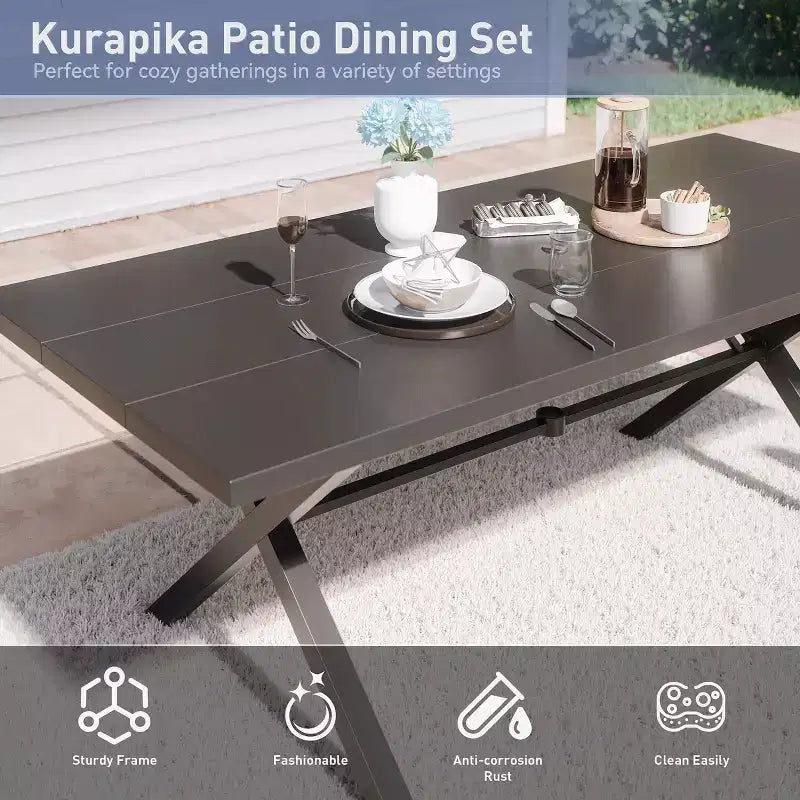 Ensemble de salle à manger d'extérieur ALAULM pour patio, avec table rectangulaire en acier en X, trou pour parasol et chaises fixes à accoudoirs ou chaises pivotantes à bascule pour fêtes de famille, pelouse, balcon, terrasse