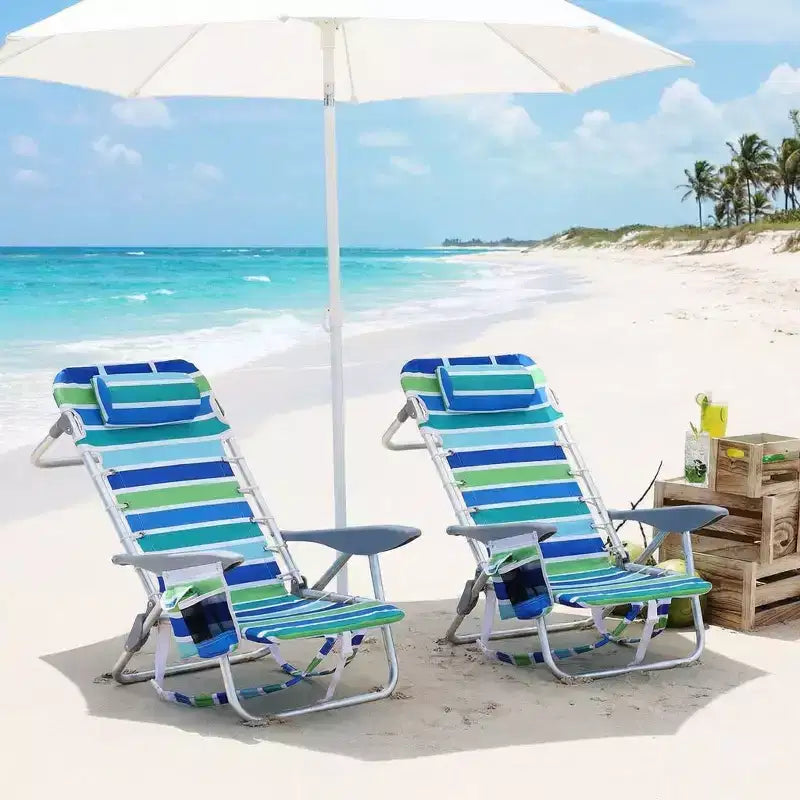Folding Lightweight Backpack Beach Chair, Lay-Flat 5-Position Recline, 300LBS Load with Cup Holder, Phone Pocket & Towel Bar