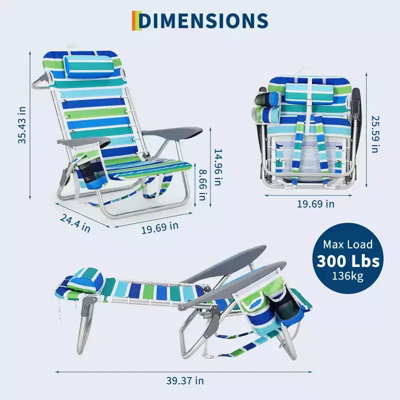 Chaise de plage pliante légère avec fonction sac à dos, inclinable à plat sur 5 positions, charge de 300 livres avec porte-gobelet, poche pour téléphone et barre porte-serviettes