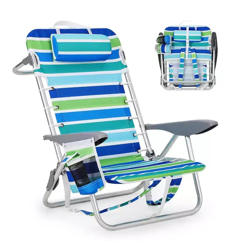 Chaise de plage pliante légère avec fonction sac à dos, inclinable à plat sur 5 positions, charge de 300 livres avec porte-gobelet, poche pour téléphone et barre porte-serviettes