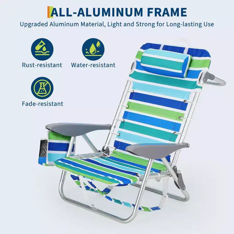 Chaise de plage pliante légère avec fonction sac à dos, inclinable à plat sur 5 positions, charge de 300 livres avec porte-gobelet, poche pour téléphone et barre porte-serviettes