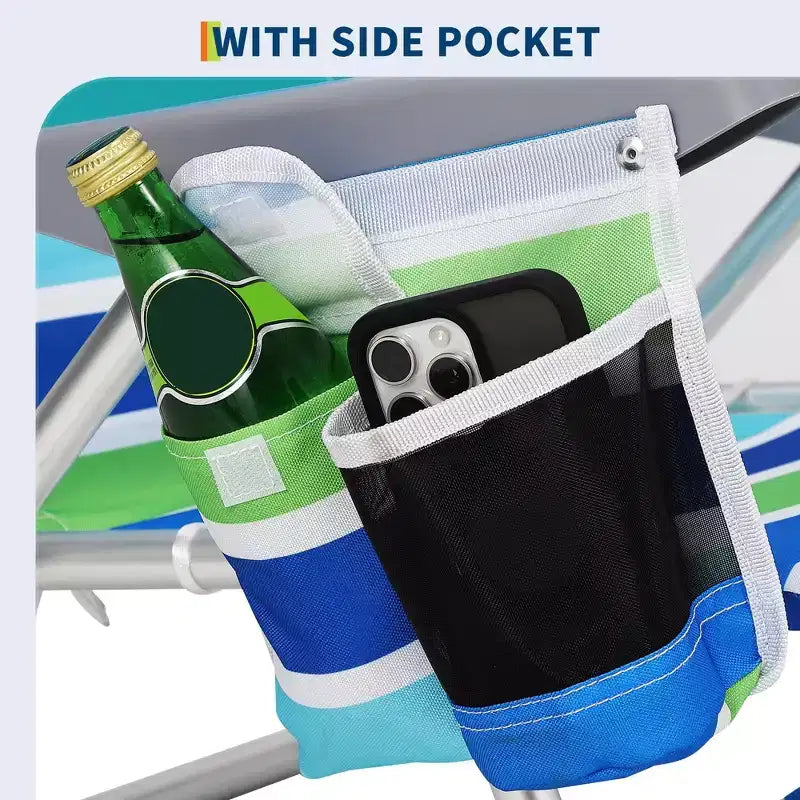 Chaise de plage pliante légère avec fonction sac à dos, inclinable à plat sur 5 positions, charge de 300 livres avec porte-gobelet, poche pour téléphone et barre porte-serviettes