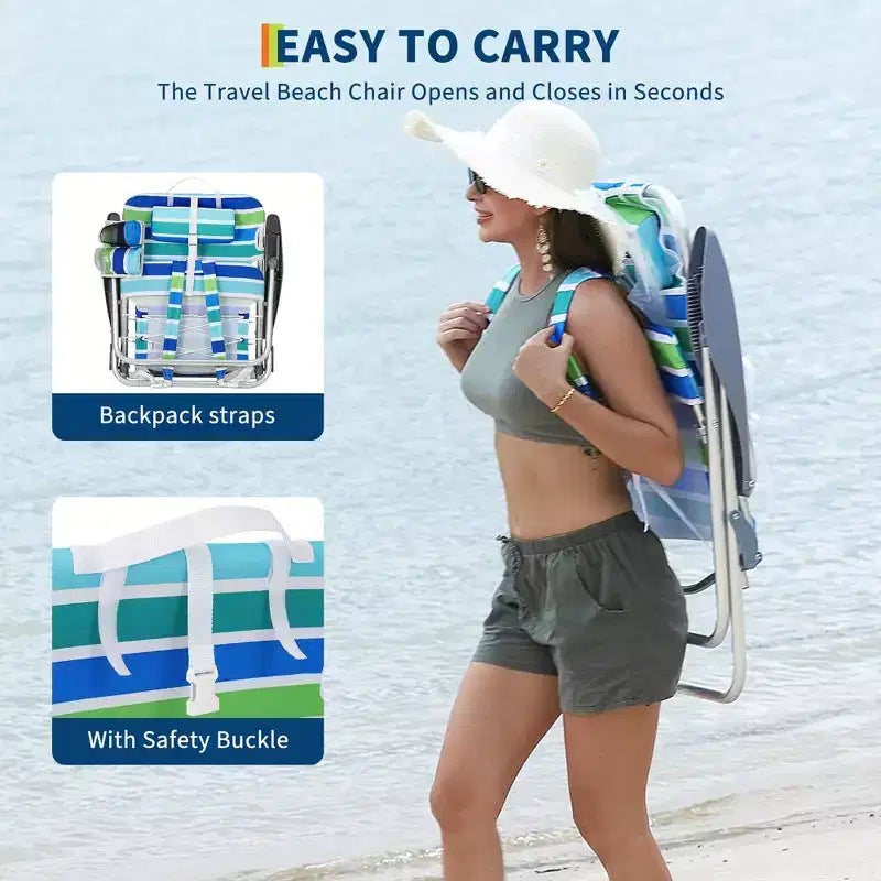 Chaise de plage pliante légère avec fonction sac à dos, inclinable à plat sur 5 positions, charge de 300 livres avec porte-gobelet, poche pour téléphone et barre porte-serviettes