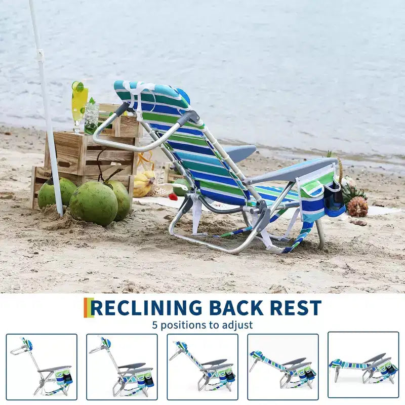 Chaise de plage pliante légère avec fonction sac à dos, inclinable à plat sur 5 positions, charge de 300 livres avec porte-gobelet, poche pour téléphone et barre porte-serviettes