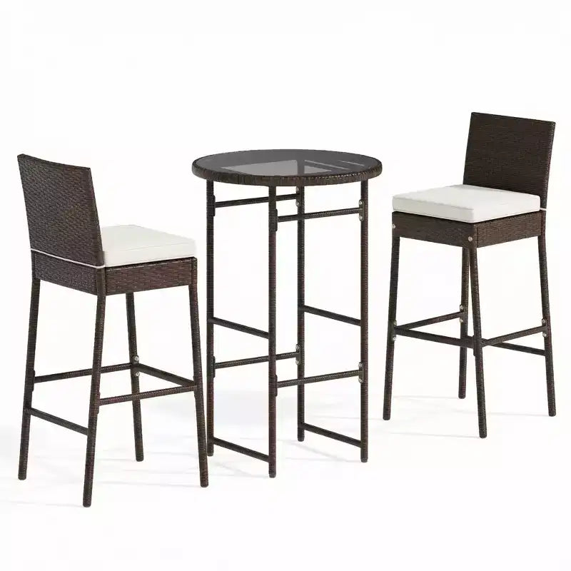 Gymax Bar Stools and Ensemble 3-Piece Outdoor Bar Set w/ 2 Cushioned Seats Patio Metal Chairs Bar Height Table with Glass Tabletop