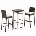 Gymax Bar Stools and Ensemble 3-Piece Outdoor Bar Set w/ 2 Cushioned Seats Patio Metal Chairs Bar Height Table with Glass Tabletop