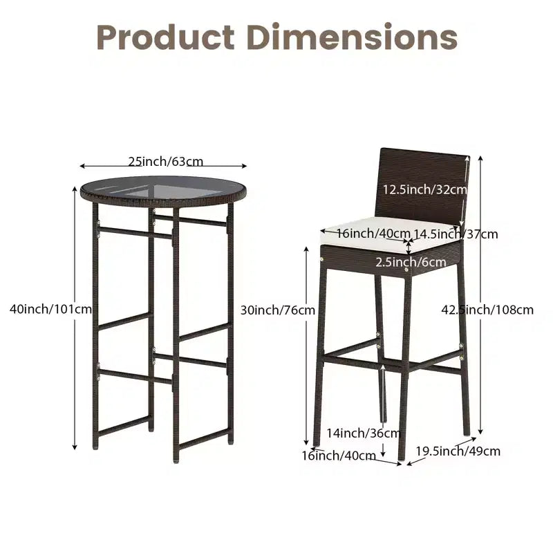 Ensemble de 3 tabourets et de bar Gymax, de jardin, avec 2 sièges coussinés, chaises de terrasse en métal et table de bar avec plateau en verre