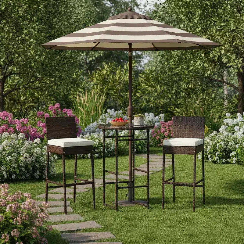 Ensemble de 3 tabourets et de bar Gymax, de jardin, avec 2 sièges coussinés, chaises de terrasse en métal et table de bar avec plateau en verre