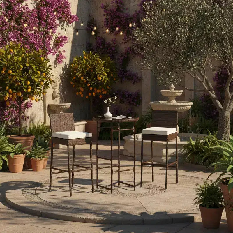 Ensemble de 3 tabourets et de bar Gymax, de jardin, avec 2 sièges coussinés, chaises de terrasse en métal et table de bar avec plateau en verre