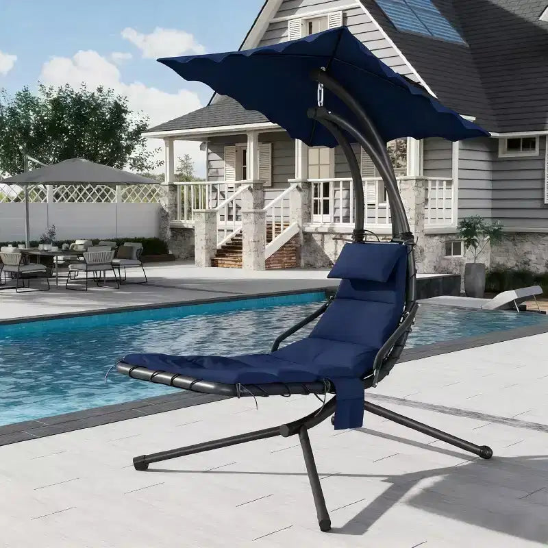 Chaise Lounger Swing Chair with Umbrella Canopy,Patio Hanging Chair with Stand,Curved Steel Lounge Chairs for Indoor Patio Pool Garden Backyard Porch