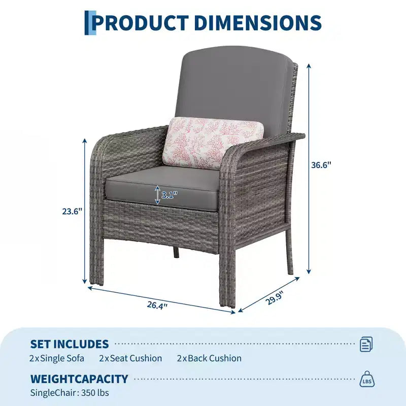 Lot de 2 chaises de jardin en osier, chaises de terrasse en rotin à dossier haut avec coussins confortables, fauteuils de club d'extérieur toutes saisons pour balcon, terrasse, jardin