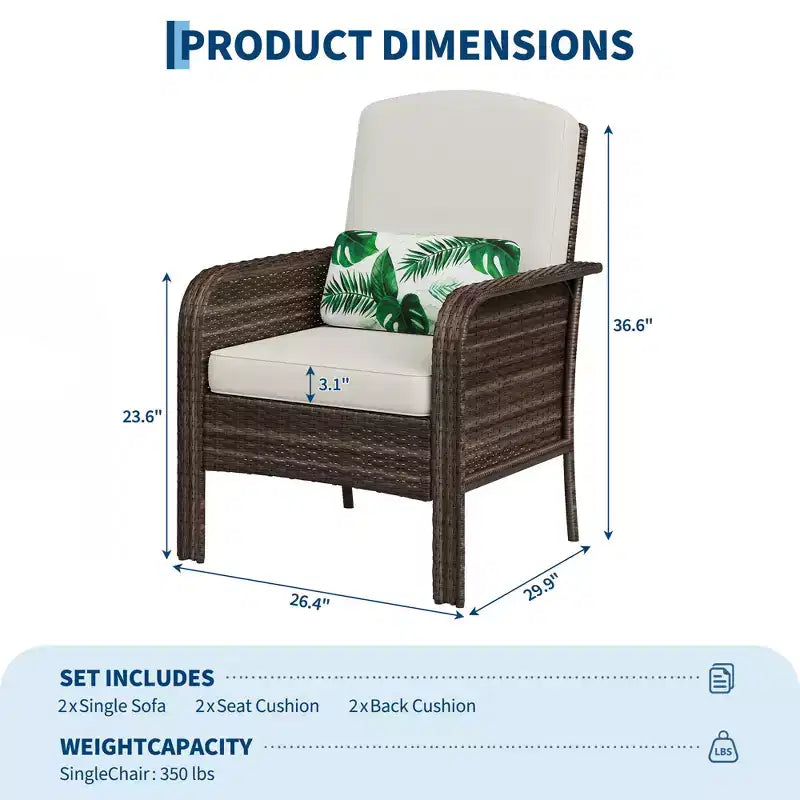 Lot de 2 chaises de jardin en osier, chaises de terrasse en rotin à dossier haut avec coussins confortables, fauteuils de club d'extérieur toutes saisons pour balcon, terrasse, jardin