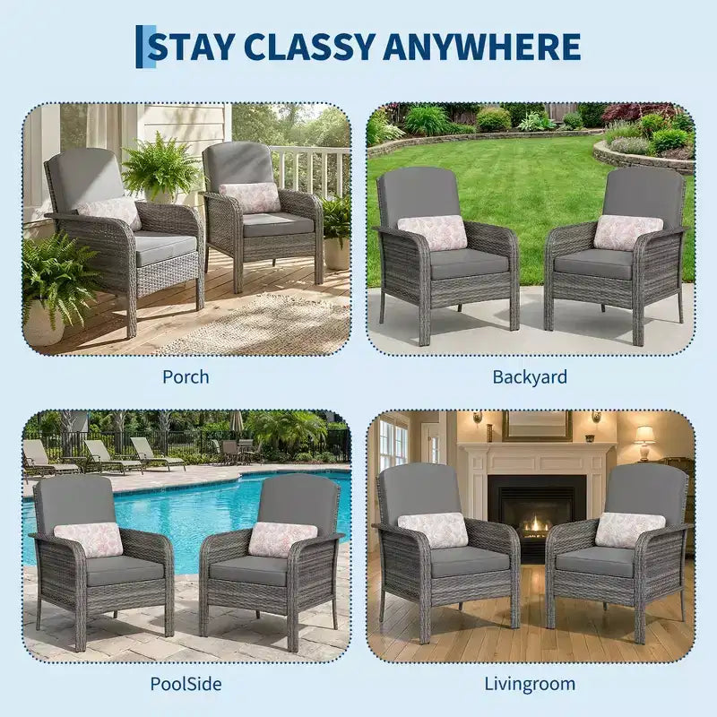 Lot de 2 chaises de jardin en osier, chaises de terrasse en rotin à dossier haut avec coussins confortables, fauteuils de club d'extérieur toutes saisons pour balcon, terrasse, jardin