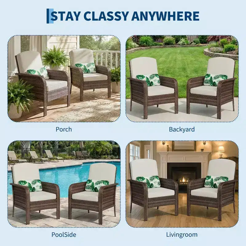 Lot de 2 chaises de jardin en osier, chaises de terrasse en rotin à dossier haut avec coussins confortables, fauteuils de club d'extérieur toutes saisons pour balcon, terrasse, jardin