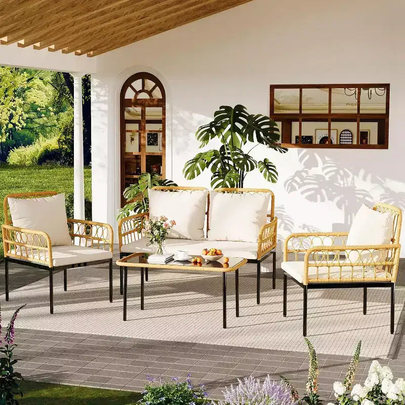 Ensemble de mobilier de jardin 4 pièces style bohème - Causeuse en rotin résistant aux intempéries, cadre en métal robuste, table en verre et coussins épais