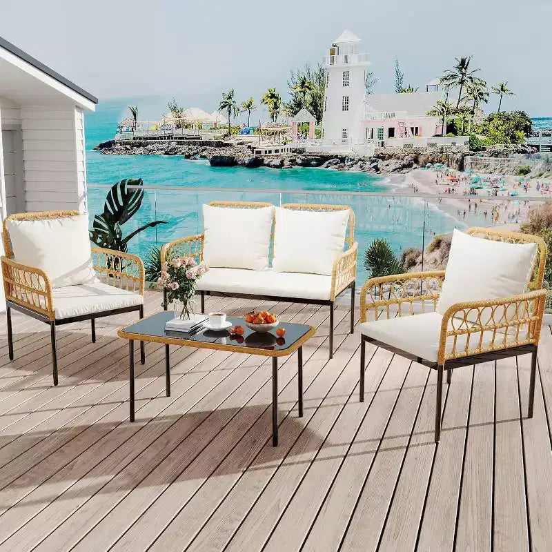 Ensemble de mobilier de jardin 4 pièces style bohème - Causeuse en rotin résistant aux intempéries, cadre en métal robuste, table en verre et coussins épais