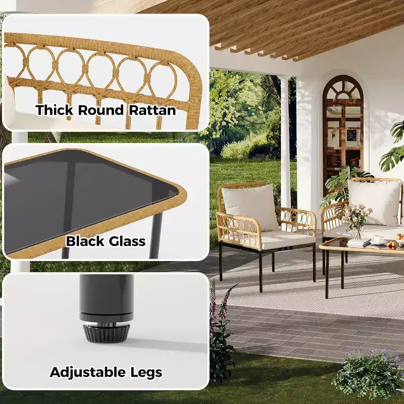 Ensemble de mobilier de jardin 4 pièces style bohème - Causeuse en rotin résistant aux intempéries, cadre en métal robuste, table en verre et coussins épais