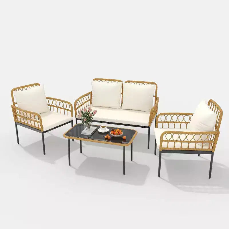 Ensemble de mobilier de jardin 4 pièces style bohème - Causeuse en rotin résistant aux intempéries, cadre en métal robuste, table en verre et coussins épais