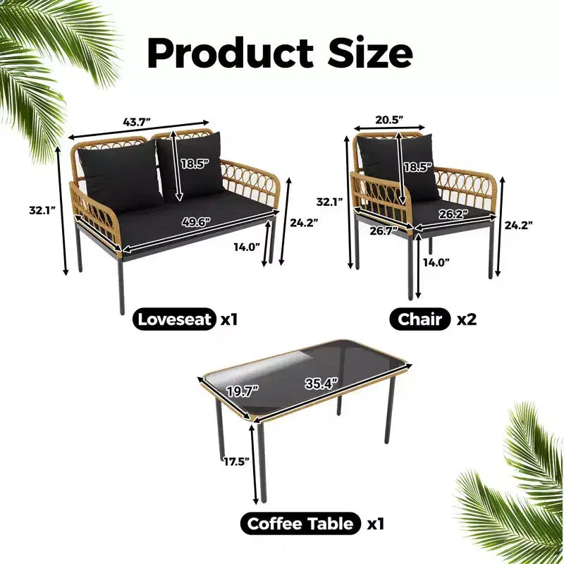 Ensemble de mobilier de jardin 4 pièces style bohème - Causeuse en rotin résistant aux intempéries, cadre en métal robuste, table en verre et coussins épais