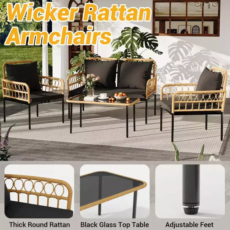 Ensemble de mobilier de jardin 4 pièces style bohème - Causeuse en rotin résistant aux intempéries, cadre en métal robuste, table en verre et coussins épais