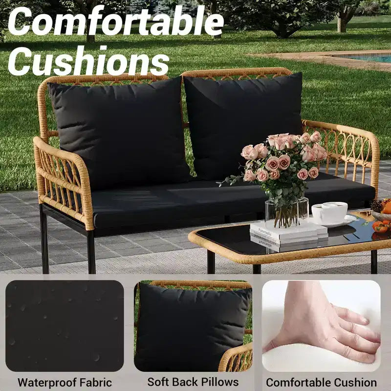 Ensemble de mobilier de jardin 4 pièces style bohème - Causeuse en rotin résistant aux intempéries, cadre en métal robuste, table en verre et coussins épais