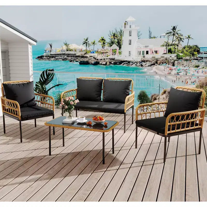 Ensemble de mobilier de jardin 4 pièces style bohème - Causeuse en rotin résistant aux intempéries, cadre en métal robuste, table en verre et coussins épais
