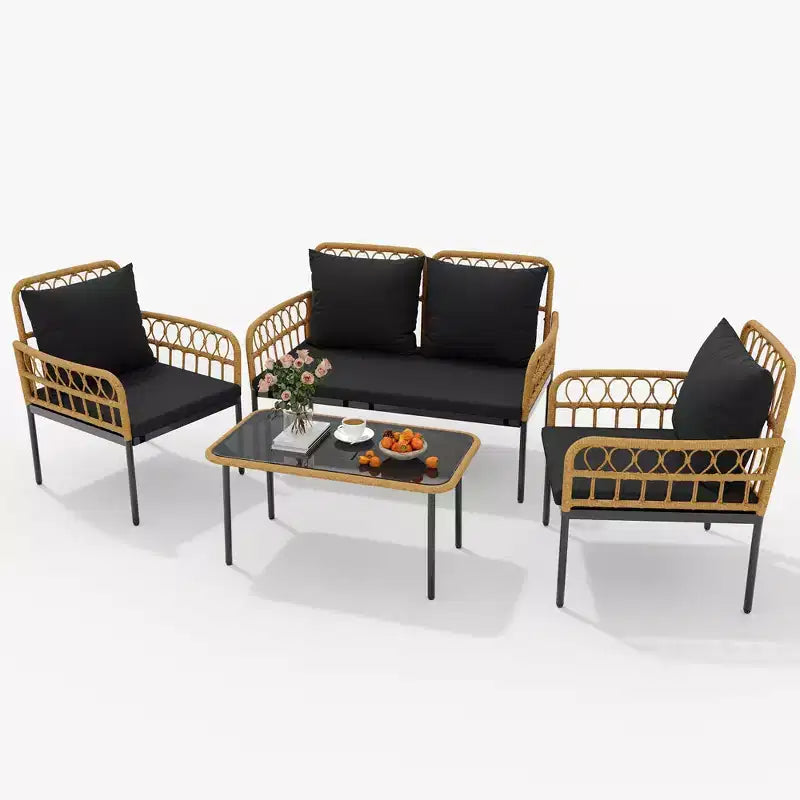 Ensemble de mobilier de jardin 4 pièces style bohème - Causeuse en rotin résistant aux intempéries, cadre en métal robuste, table en verre et coussins épais