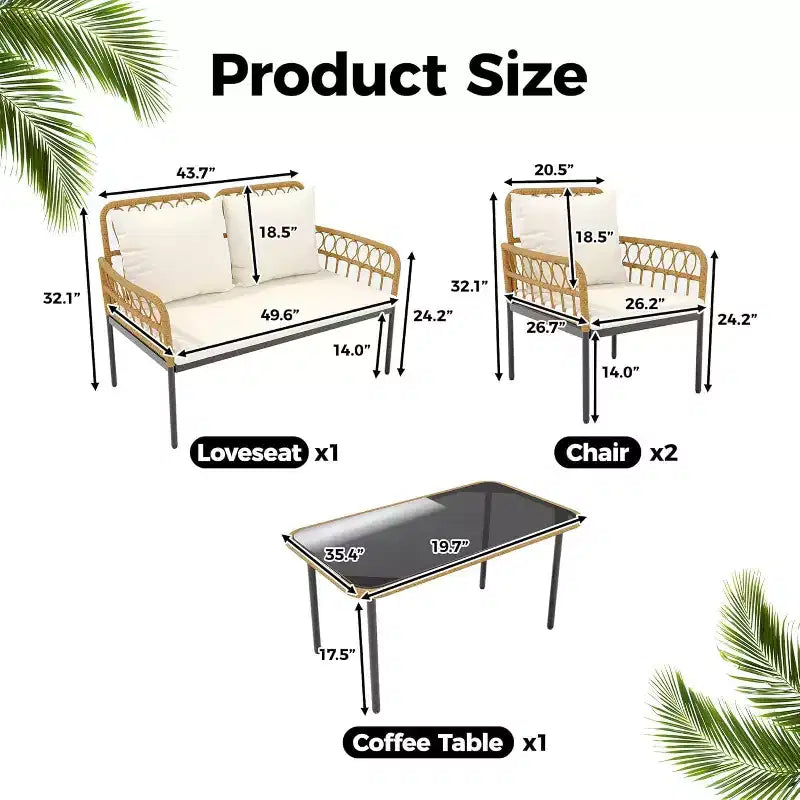 Ensemble de mobilier de jardin 4 pièces style bohème - Causeuse en rotin résistant aux intempéries, cadre en métal robuste, table en verre et coussins épais