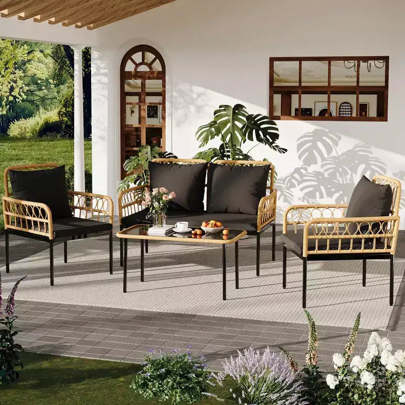 Boho Style 4-Piece Outdoor Patio Furniture Set - All-Weather Wicker Rattan Loveseat, Sturdy Metal Frame, Glass Table & Thick Cushions