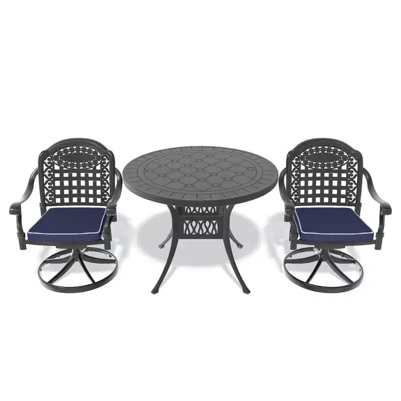 Ensemble de salle à manger de patio en fonte d'aluminium 3 pièces, 1 table ronde + 2 chaises pivotantes, cadre noir résistant à la rouille avec coussins bleus résistants à l'eau