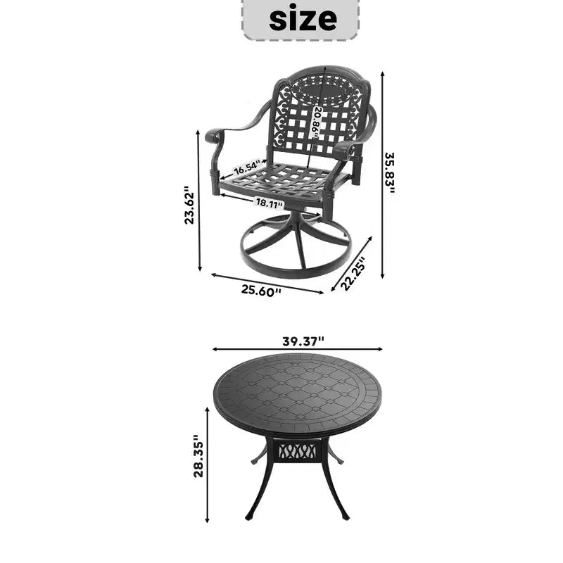 Ensemble de salle à manger de patio en fonte d'aluminium 3 pièces, 1 table ronde + 2 chaises pivotantes, cadre noir résistant à la rouille avec coussins bleus résistants à l'eau