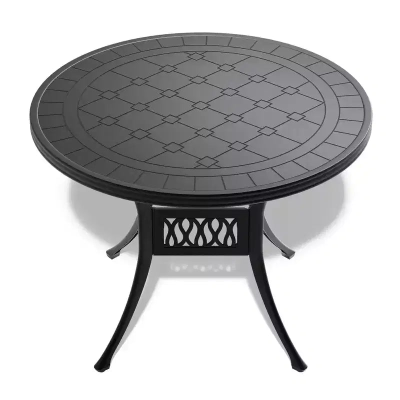 Ensemble de salle à manger de patio en fonte d'aluminium 3 pièces, 1 table ronde + 2 chaises pivotantes, cadre noir résistant à la rouille avec coussins bleus résistants à l'eau