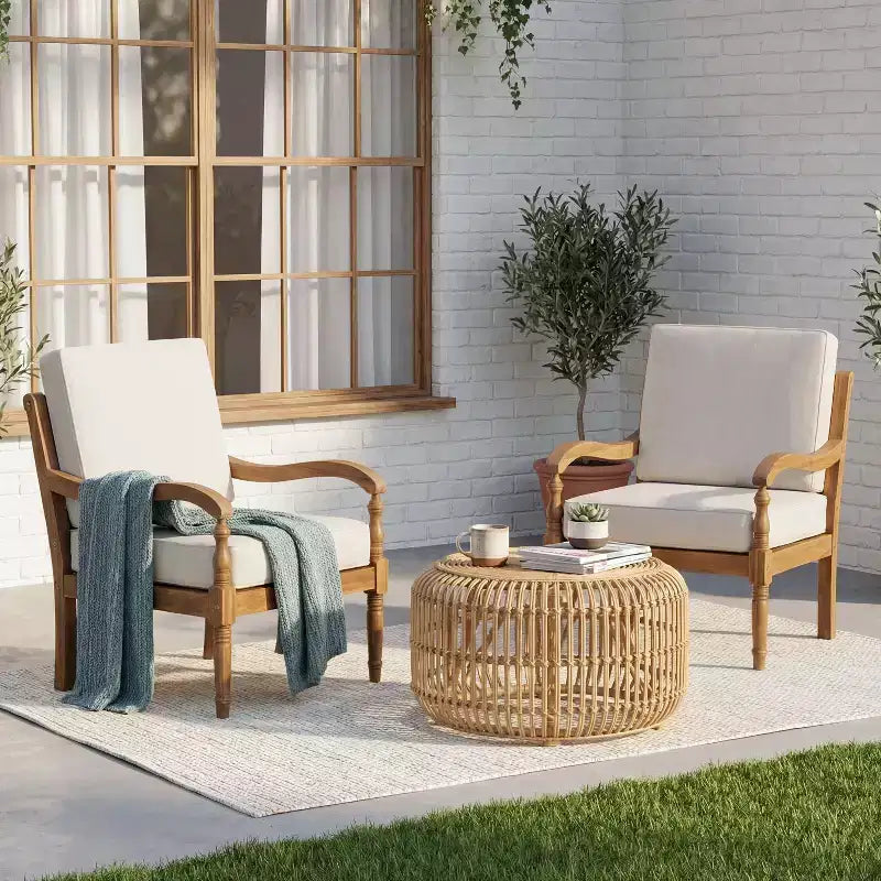 Christopher Knight Home Larry Outdoor Patio Acacia Wood Club Chair with Cushions and Curved Armrests