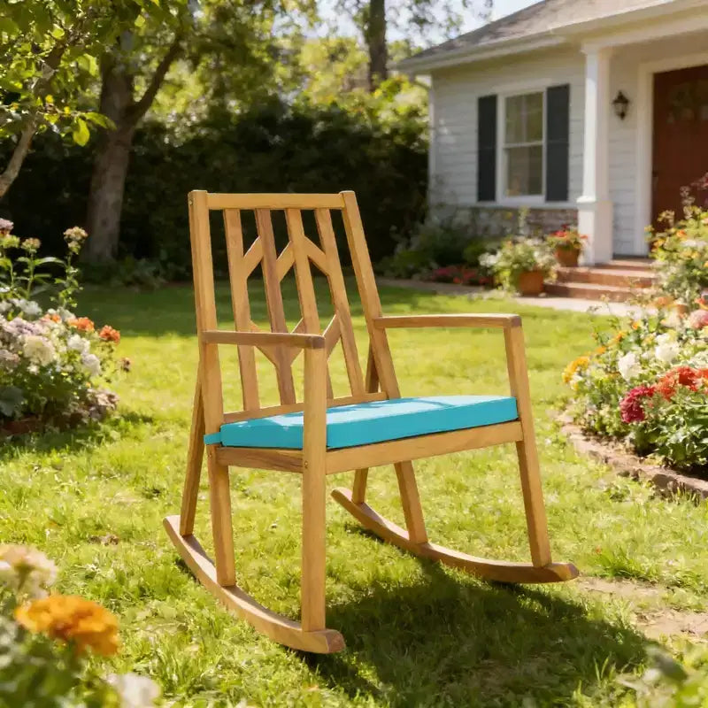 Gymax Fauteuil à bascule d'extérieur 1 pièce, élégant, en bois d'acacia, avec coussin en mousse haute densité, base d'équilibrage lisse et résistante, idéal rouge/turquoise/blanc