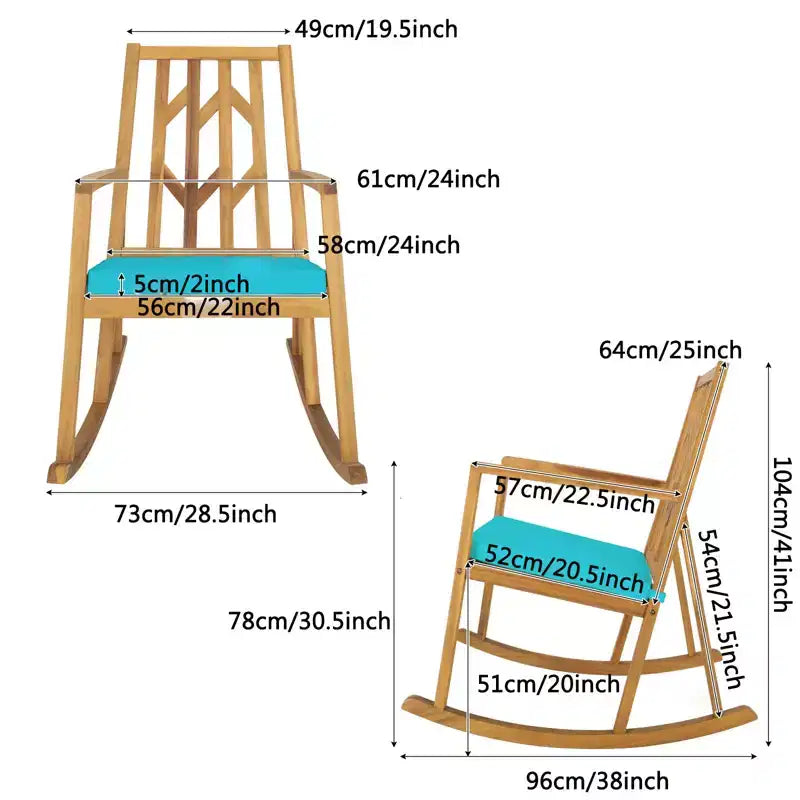 Gymax Fauteuil à bascule d'extérieur 1 pièce, élégant, en bois d'acacia, avec coussin en mousse haute densité, base d'équilibrage lisse et résistante, idéal rouge/turquoise/blanc