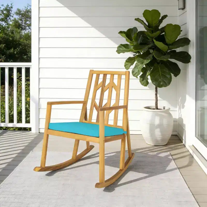 Gymax Fauteuil à bascule d'extérieur 1 pièce, élégant, en bois d'acacia, avec coussin en mousse haute densité, base d'équilibrage lisse et résistante, idéal rouge/turquoise/blanc