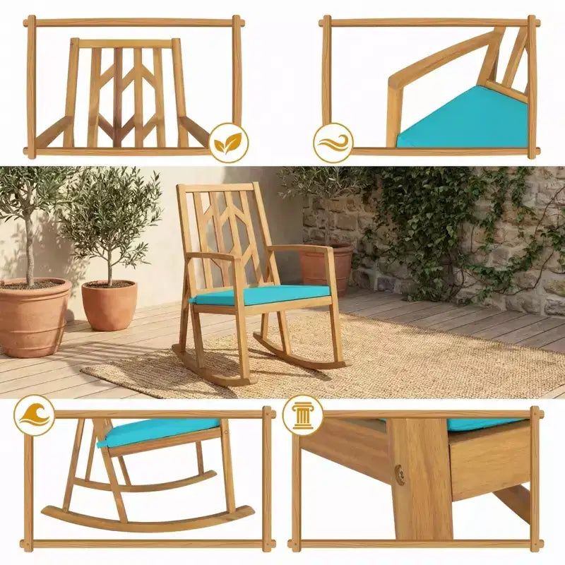 Gymax Fauteuil à bascule d'extérieur 1 pièce, élégant, en bois d'acacia, avec coussin en mousse haute densité, base d'équilibrage lisse et résistante, idéal rouge/turquoise/blanc